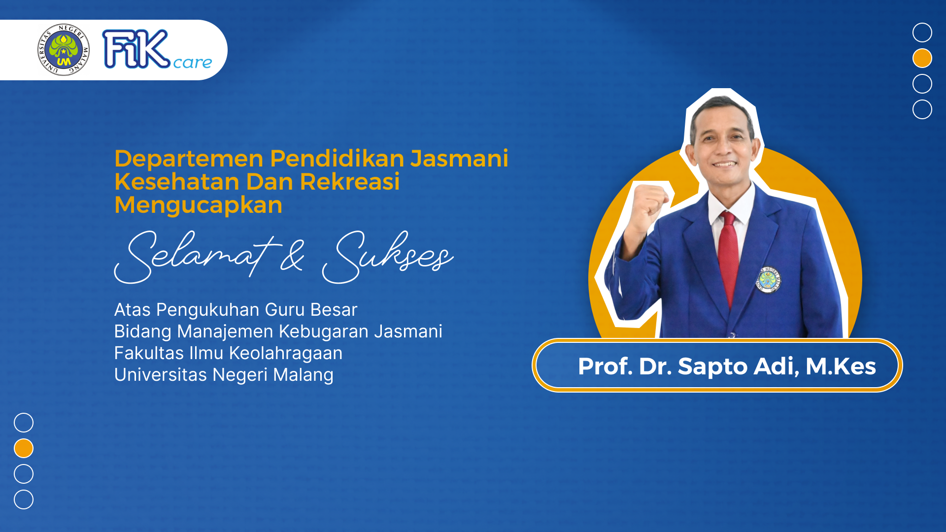Selamat dan Sukses atas Pengukuhan Profesor/Guru Besar Universitas Negeri Malang: Prof. Dr. Sapto Adi, M.Kes